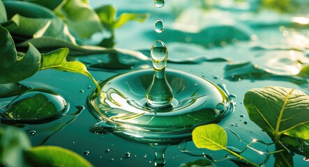 Aufkleber - Close-up of water droplet creating ripples on surface among green leaves in natural environment