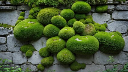 Aufkleber - Moss covered stones with lush green moss formations on a weathered stone wall in a natural outdoor setting