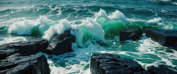Aufkleber - Waves crashing against dark rocks in a turbulent ocean with frothy water and vivid turquoise colors under cloudy skies