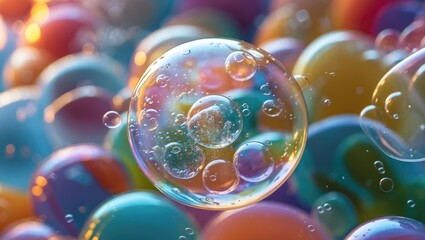 Poster - Colorful soap bubbles floating in a dreamy background showcasing intricate details and reflections of light creating a whimsical atmosphere.