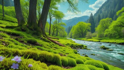 Aufkleber - Lush green landscape with moss-covered ground beside a flowing river and trees under a blue sky with mountains in the background