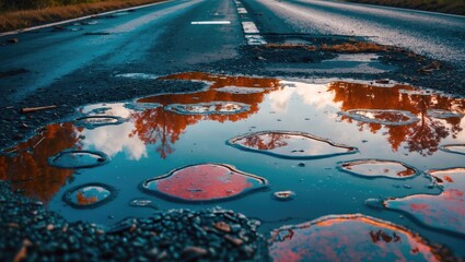 Poster - Puddle on asphalt road reflecting trees and sky in vibrant colors during sunset with ripples and texture details