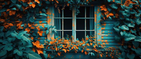 Aufkleber - Abandoned window surrounded by vibrant orange and teal foliage on a rustic wooden wall