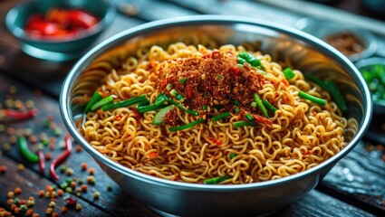 Poster - Bowl of cooked instant noodles topped with green beans and crispy crumbs surrounded by chili peppers on a wooden table