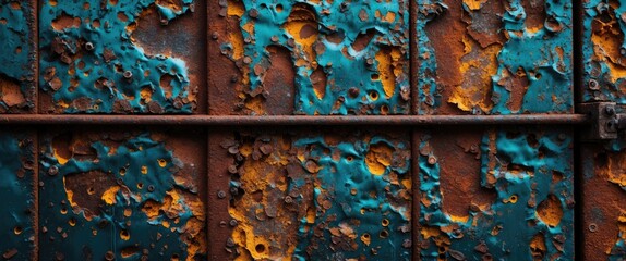 Poster - Rusty metal surface with peeling turquoise paint and orange rust spots, industrial background texture with decay details.