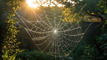 Aufkleber - Spider web illuminated by sunlight in a natural garden setting with green foliage and blurred background.