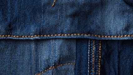 Poster - Close-up of textured blue denim fabric with visible stitching details and contrasting thread colors