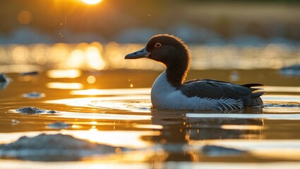 Poster - Goldeneye duck swimming in tranquil water during sunset with reflections and ripples on the surface.