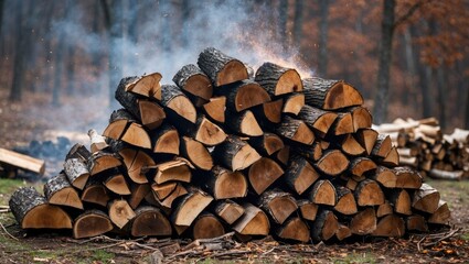 Poster - Wooden logs stacked neatly in a forested area with smoke rising, indicating wood burning or preparation for fire.