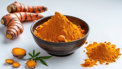Poster - Turmeric powder in a bowl with fresh turmeric root slices and green leaves on a white background showcasing natural ingredients