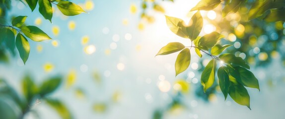 Aufkleber - Sunlight filtering through green leaves with a blurred bokeh background creating a tranquil nature scene