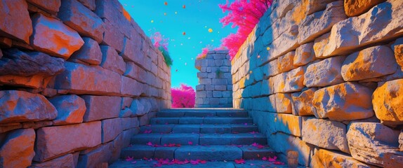 Aufkleber - Colorful stone pathway leading through walls with pink foliage and scattered leaves under a bright blue sky