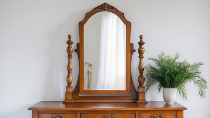 Poster - Vintage wooden dresser with ornate mirror and potted plant in modern minimalist interior setting