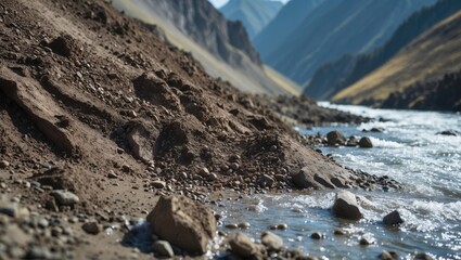 Poster - Mountain riverbank with rocky shore and flowing water in a valley surrounded by steep mountains on a sunny day.