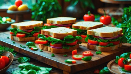 Poster - Variety of fresh sandwiches with lettuce, tomatoes, and onions displayed on a wooden board with green herbs and vegetables in a rustic kitchen setting