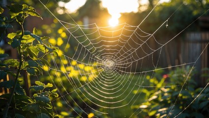 Aufkleber - Detailed close-up of a spider web glistening in sunlight with blurred green foliage and a soft bokeh background at sunset.