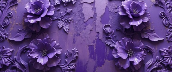 Poster - Purple floral relief wall art decorative design with textured details and peeling paint elements
