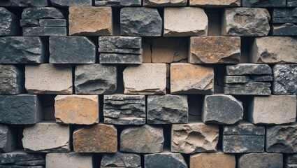 Poster - Textured stone wall background composed of various sizes and colors of rectangular and square stones arranged in a unique pattern.
