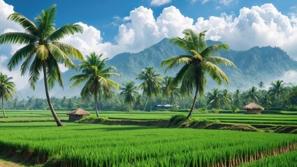 Aufkleber - Lush green rice fields with palm trees against a backdrop of mountains and blue sky with scattered clouds
