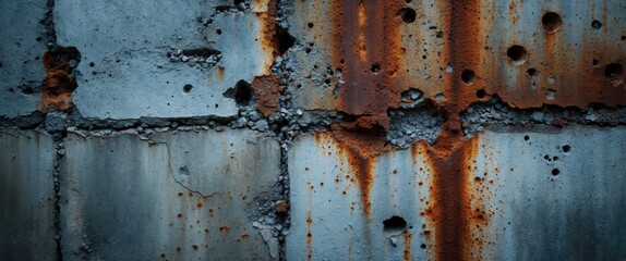 Poster - Rusty and weathered concrete wall with corrosion and textured surface showing signs of deterioration and damage