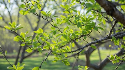Poster - Fresh green leaves on branches in a sunlit park with blurred background of trees and grass climate biodiversity natural environment