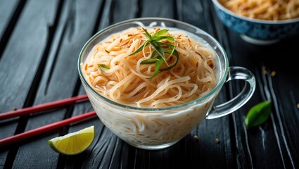 Poster - Bowl of rice noodles garnished with peanuts and herbs on a black wooden table with chopsticks and lime slice in background