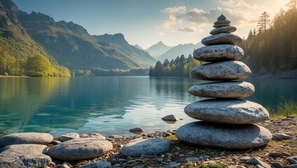 Poster - Stacked stones on riverbank with calm water, mountains in background, and bright sky reflecting on lake surface.