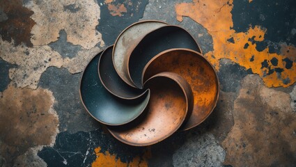 Poster - colorful abstract arrangement of circular plates on a textured grunge floor background showcasing ru