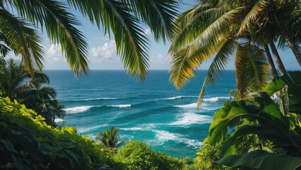 Poster - Tropical seascape view framed by lush palm trees and foliage under a clear blue sky with ocean waves and white clouds
