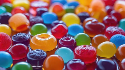 Poster - Colorful assorted gummy candies in various shapes and sizes on reflective surface in close up detail
