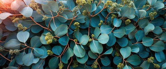 Aufkleber - Eucalyptus leaves with buds in a dense arrangement showcasing green tones and textures natural background pattern