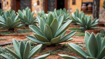 Poster - Agave plants arranged in a cultivated outdoor garden with earthy soil and rustic background elements