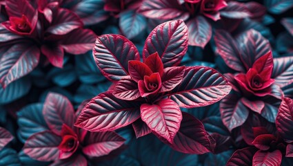 Poster - Close-up of vibrant red and green leaves of tropical plants with intricate textures against a dark background