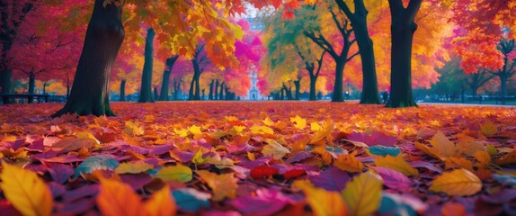 Poster - Autumn landscape with vibrant colorful trees and fallen leaves covering the ground in a serene park setting during fall season