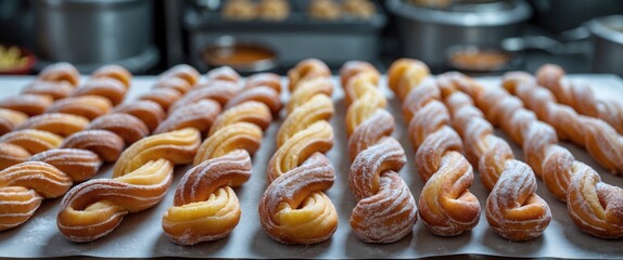 Aufkleber - Freshly baked twisted pastry dessert arranged in rows on a tray in a bakery kitchen setting