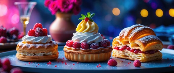Poster - assorted desserts including raspberry tart pastry cream swirls and croissant on a table with vibrant background and blurred lights