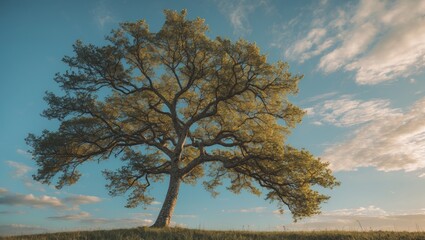 Aufkleber - Large solitary tree with lush green leaves under a bright blue sky with wispy clouds in a grassy field during daytime.