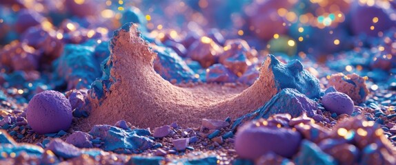 Poster - Colorful abstract background with textured surfaces in shades of blue, purple, and gold, featuring scattered geometric shapes and fine details.