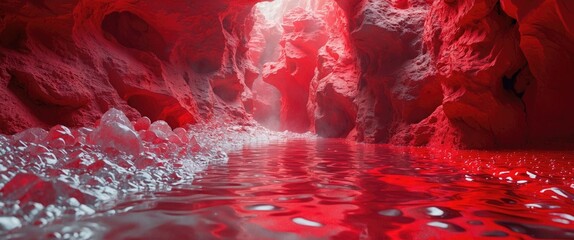 Poster - vibrant red cave landscape with reflections in calm water creating an abstract and mystical atmosphe