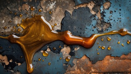 Aufkleber - Liquid amber resin pooling on a textured weathered surface with peeling paint and rust, creating an abstract visual composition.