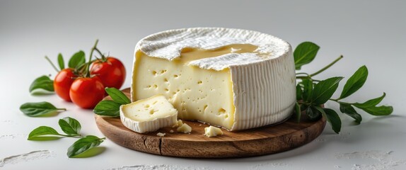 Aufkleber - Cheese wheel on wooden board with slice, cherry tomatoes and fresh herbs on white background