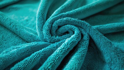 Poster - Close-up of soft turquoise microfiber towel fabric texture with intricate details and plush fibers twisted in a spiral arrangement