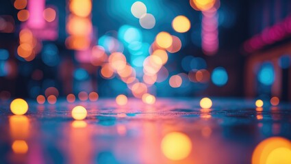 Poster - vibrant abstract background featuring colorful bokeh lights creating a dreamy and defocused urban sc