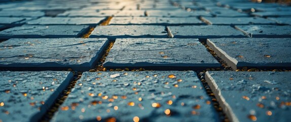 Poster - Wet cobblestone pavement with reflections and texture in natural light, focus on surface details and color variations