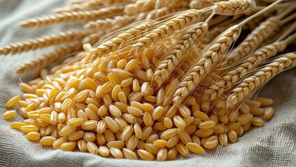 Poster - Wheat grains and harvested wheat ears arranged on textured fabric background displaying agricultural products and natural food elements
