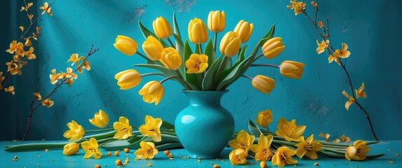 Poster - Yellow tulips and orchids in a turquoise vase with scattered flowers on a blue surface and textured background