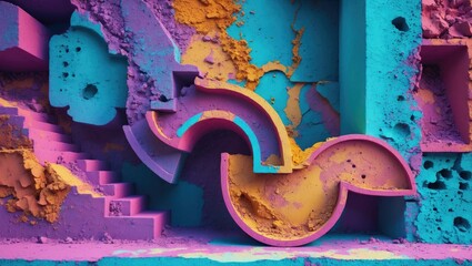 Poster - Vibrant abstract texture with colorful cement shapes and intricate patterns for artistic or construction-themed backgrounds
