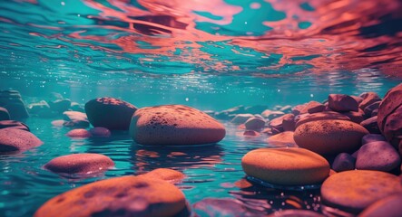 Aufkleber - Underwater scene with colorful pebbles and rocks along the riverbed illuminated by sunlight filtering through the water surface
