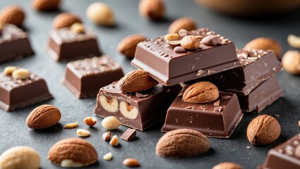 Aufkleber - Chocolate bars with nuts and almonds arranged elegantly on a slate surface with scattered nuts in the background