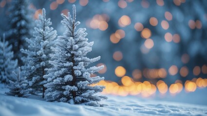 Poster - Frosted evergreen trees in snowy landscape with soft blurred warm lights in background during winter season